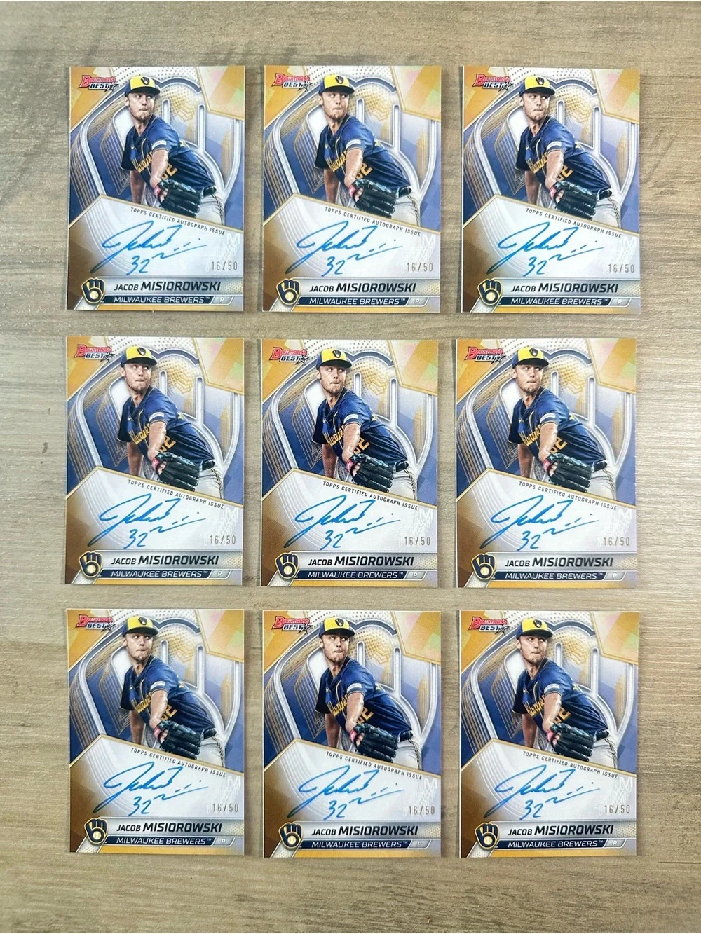 Jacob Misiorowski Lot of (9) Signed 2025 Bowmans Best 16/50 Novelty Cards.
